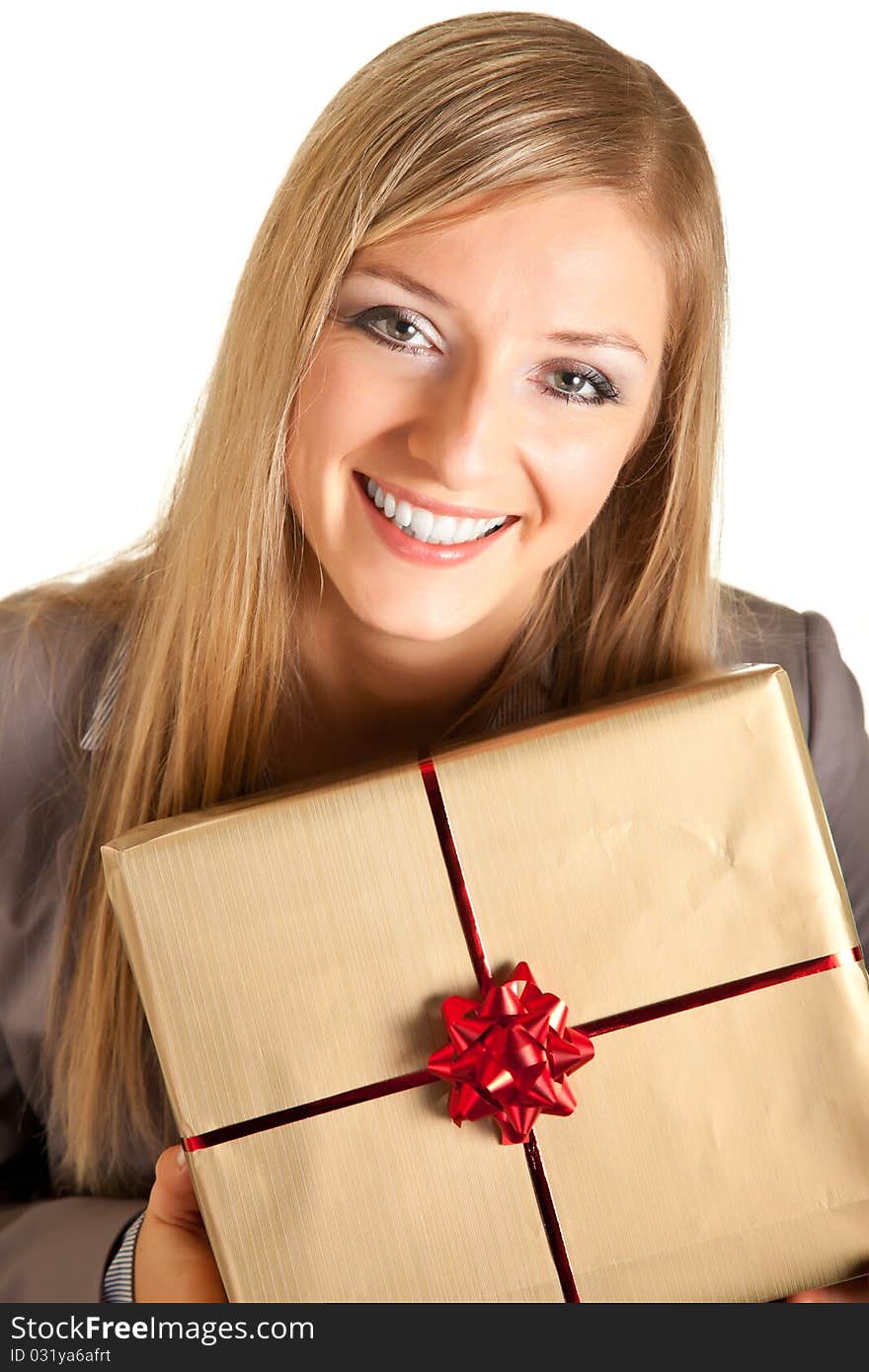 Isolated blond caucasian woman with gifts