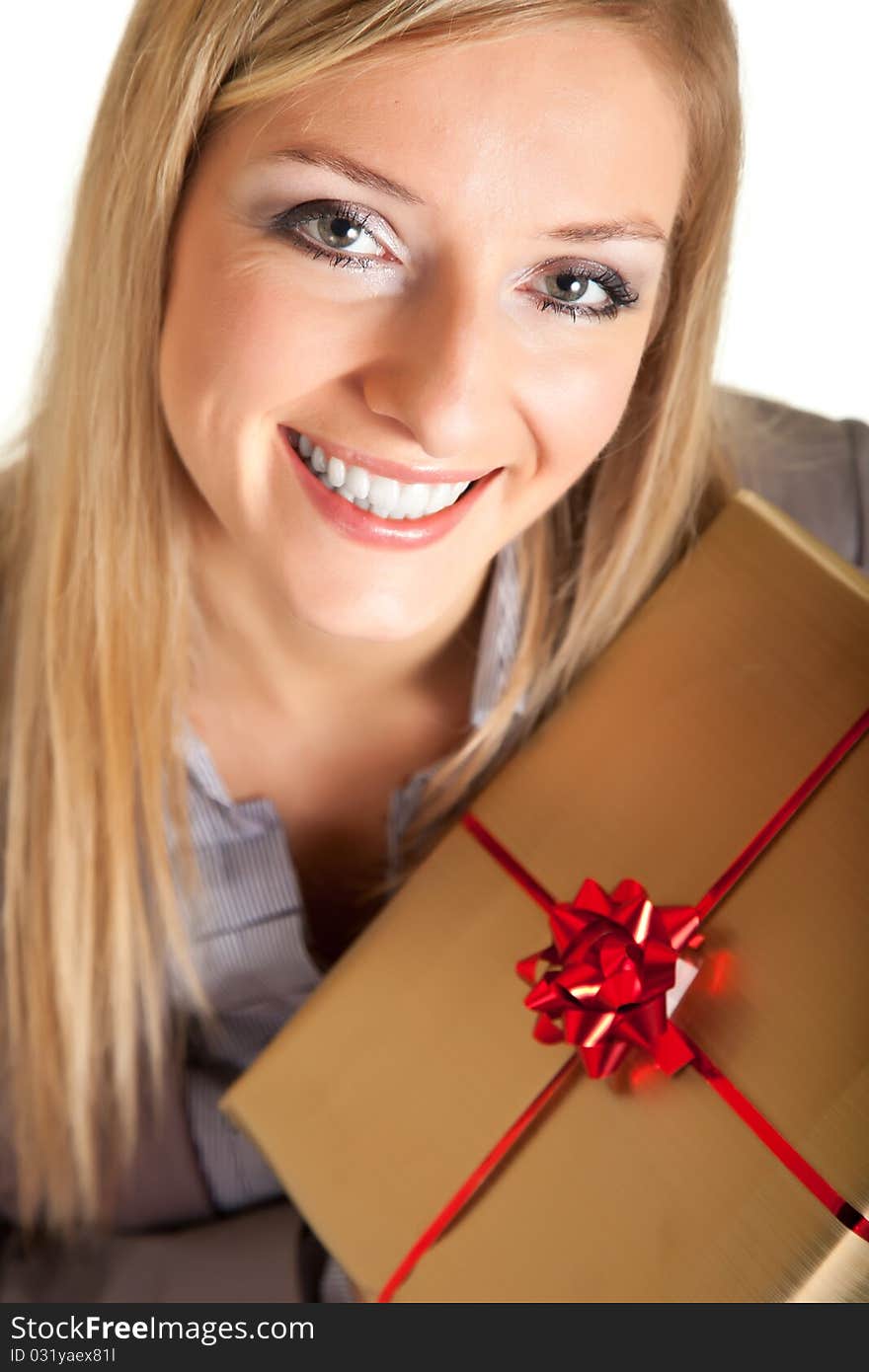 Isolated blond caucasian woman with gifts