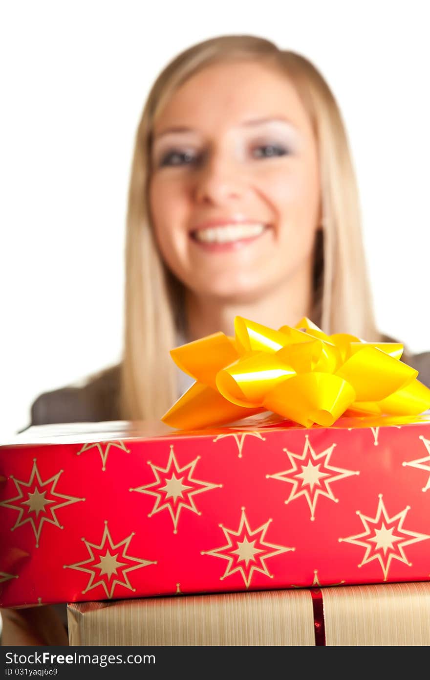 Blond caucasian woman in formal dress with gift boxes isolated on white. Blond caucasian woman in formal dress with gift boxes isolated on white