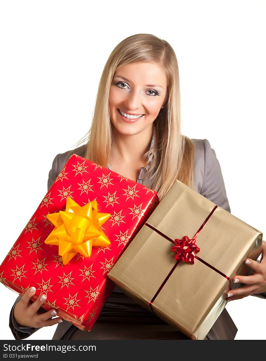 Isolated blond caucasian woman with gifts