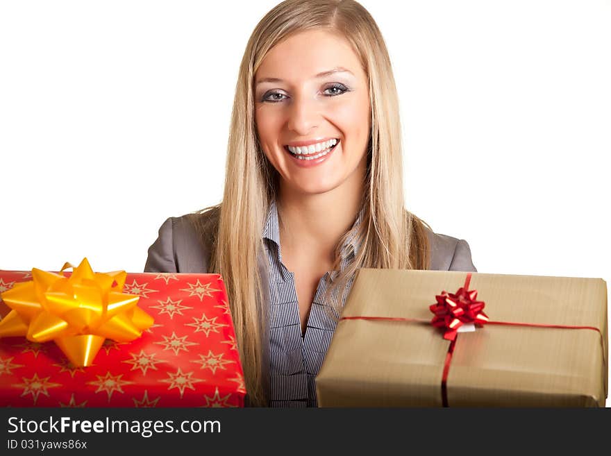 Blond caucasian woman in formal dress with gift boxes isolated on white. Blond caucasian woman in formal dress with gift boxes isolated on white