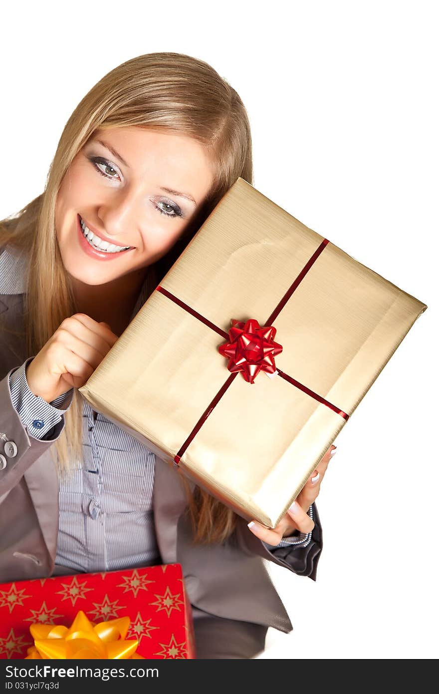 Isolated blond caucasian woman with gifts