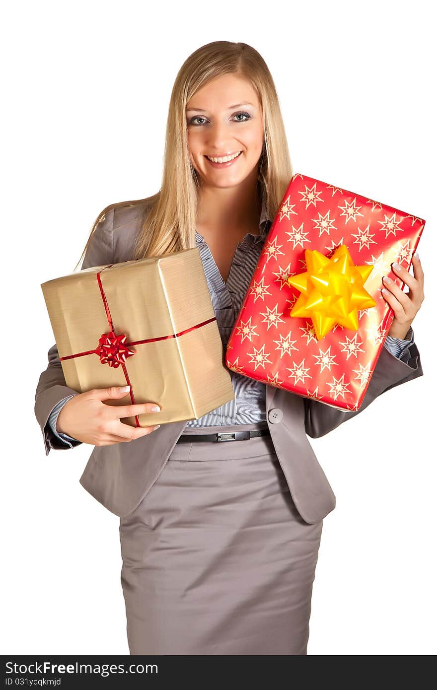 Blond caucasian woman in formal dress with gift boxes isolated on white. Blond caucasian woman in formal dress with gift boxes isolated on white