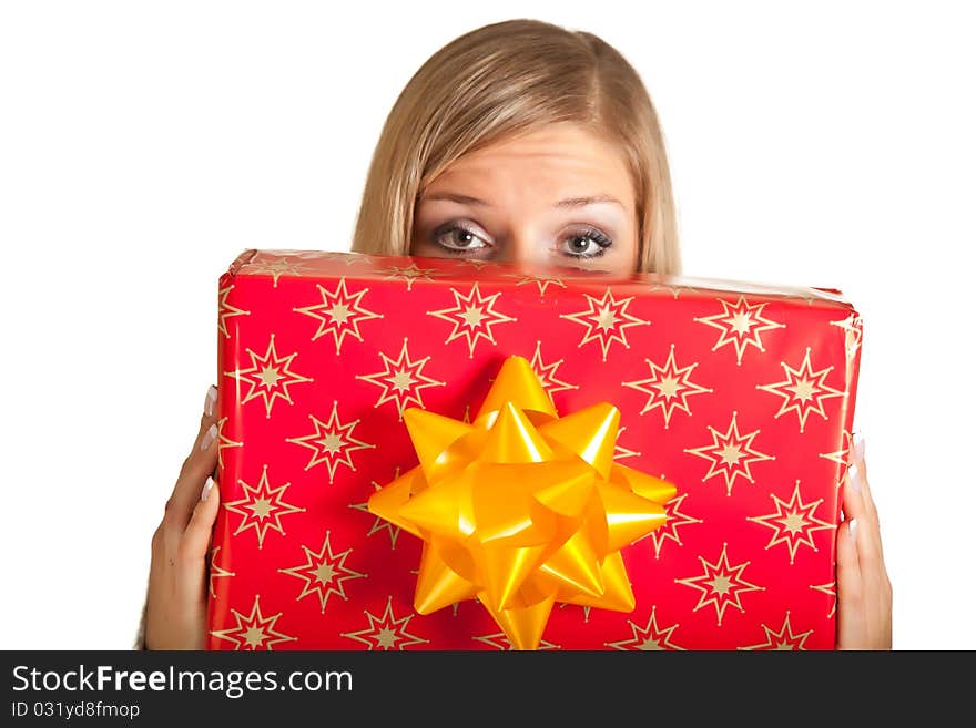 Isolated Blond Caucasian Woman With Gifts