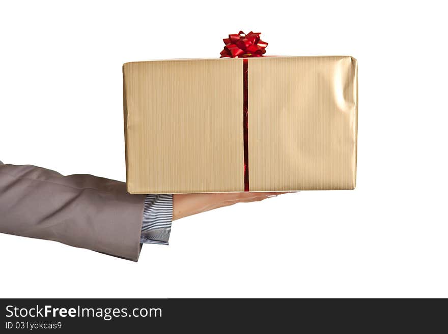 Woman hand holding christmas present on white background