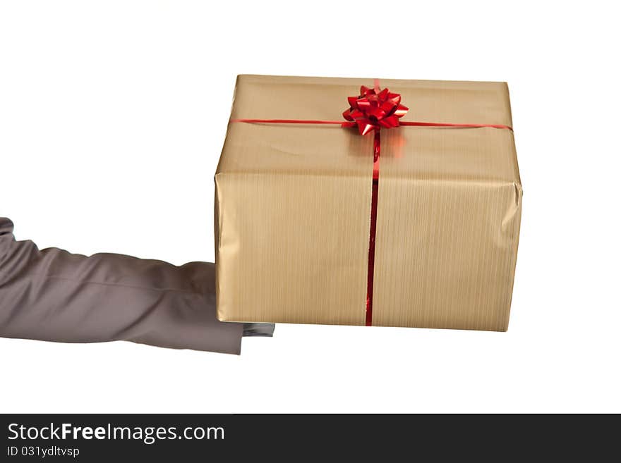 Woman hand holding christmas present on white background