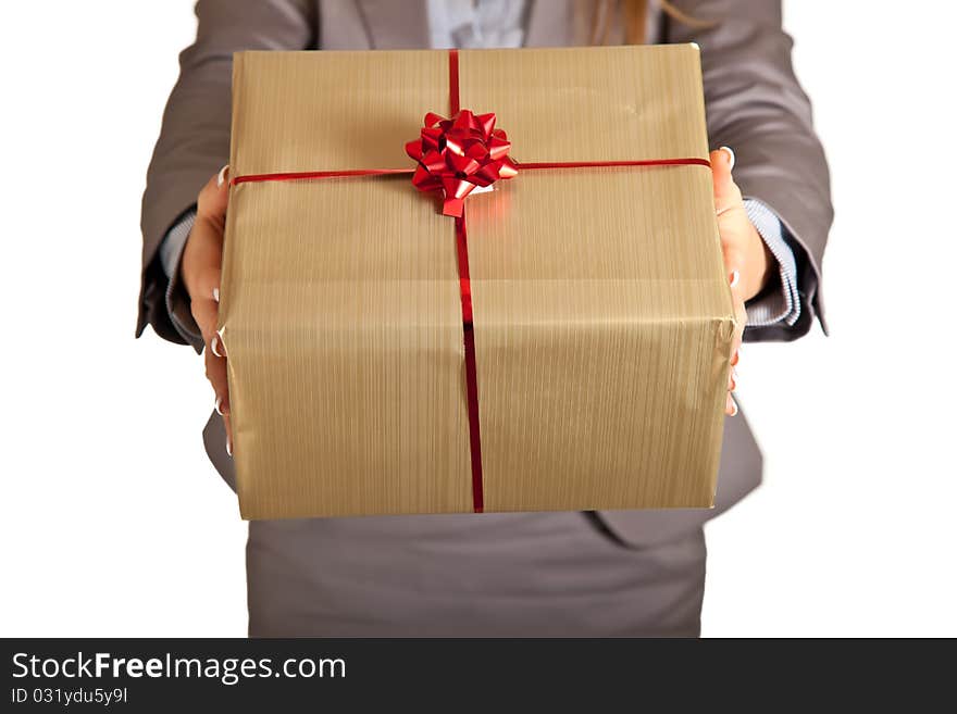 Woman hand holding christmas present on white background