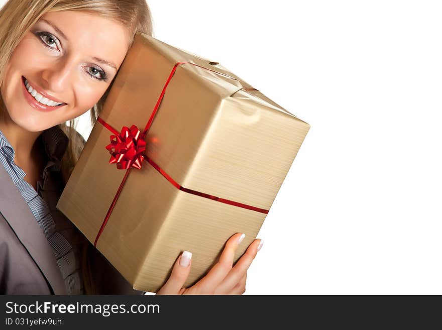 Blond caucasian woman in formal dress with gift boxes isolated on white. Blond caucasian woman in formal dress with gift boxes isolated on white