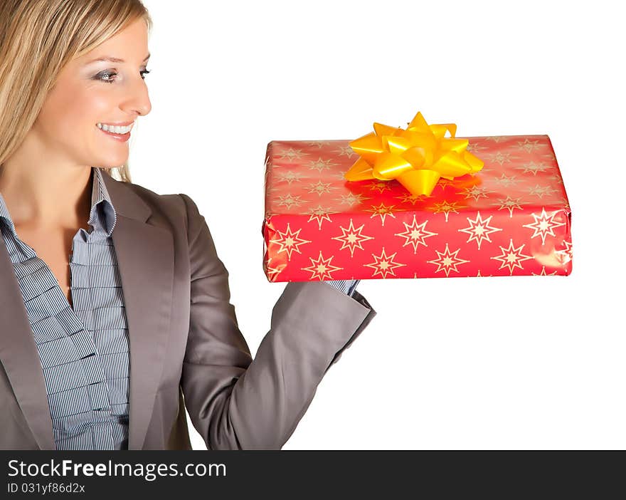 Isolated blond caucasian woman with gifts