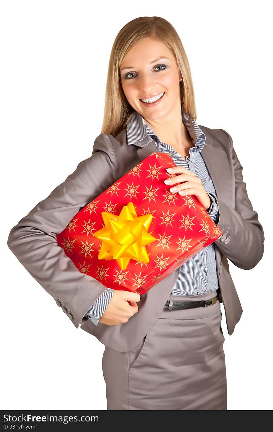 Isolated blond caucasian woman with gifts