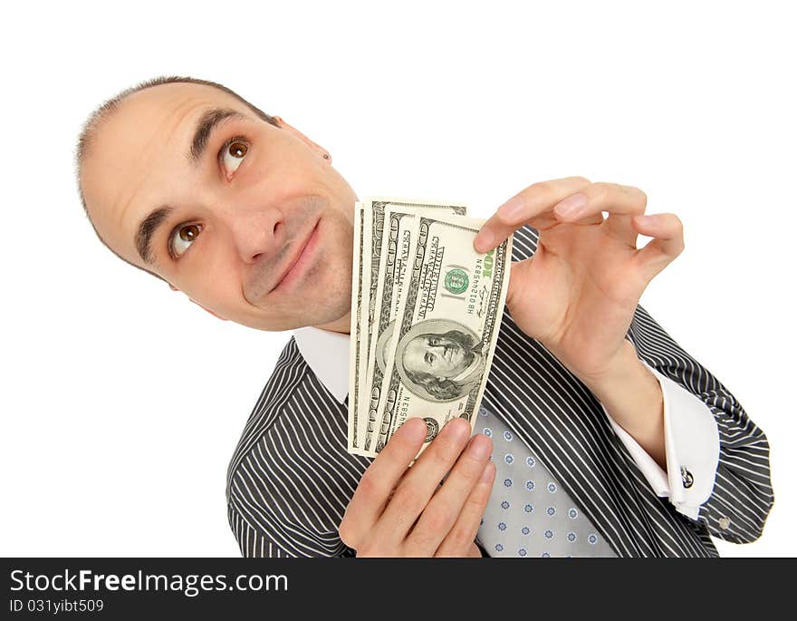 Businessman Holding Money isolated on white