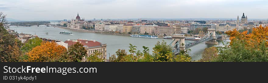 Budapest panorama over the Danube River on an overcast day