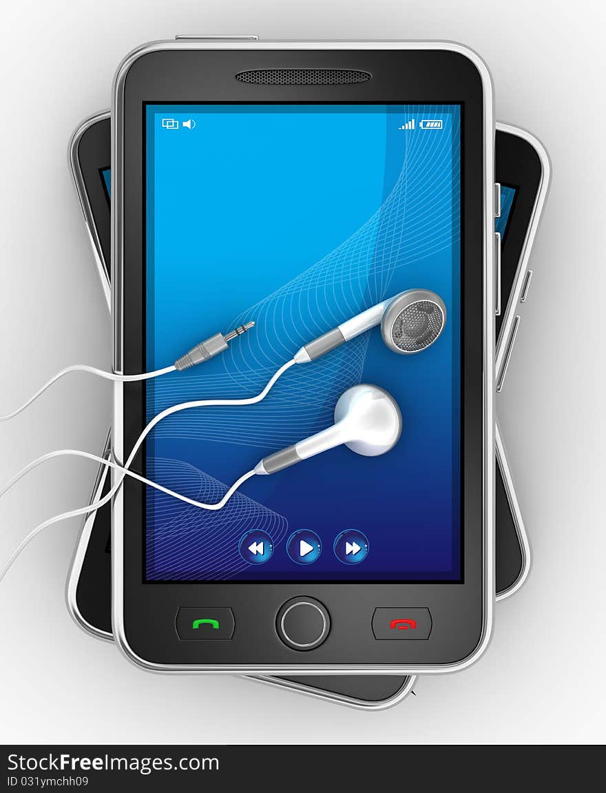 Black smartphones and earphones. This is a detailed 3D render.