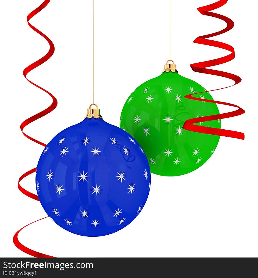 Christmas balls hanging with red ribbons on white background