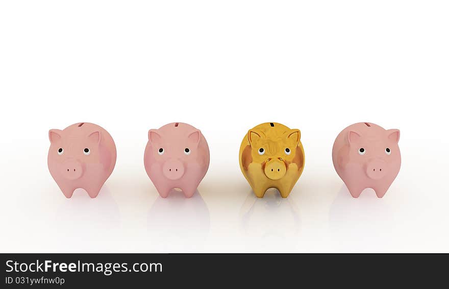 Illustration of a gold piggy bank in front of three usual piggy banks.