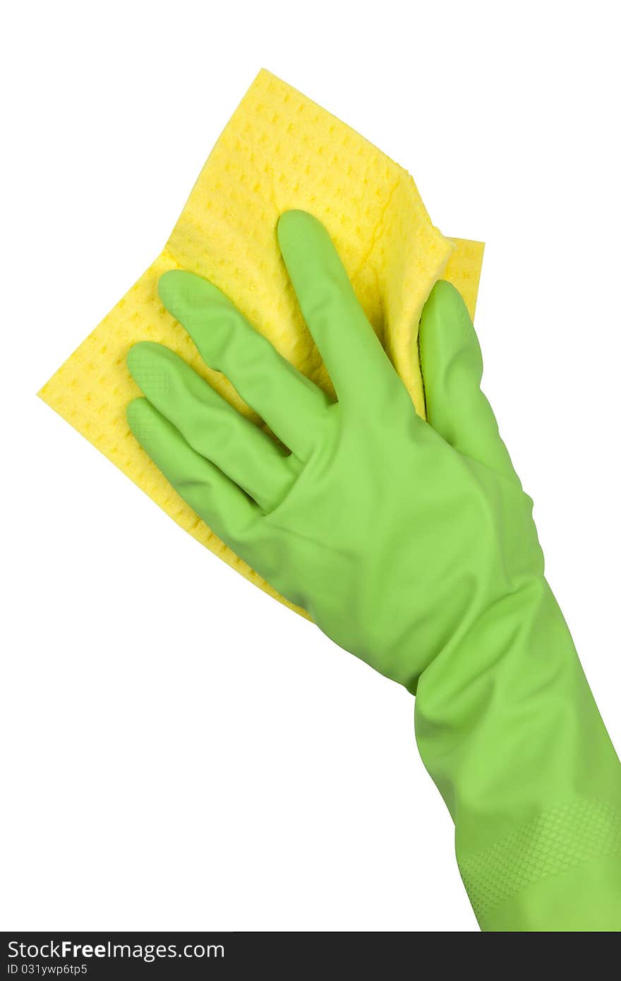 Hand in green glove with yellow sponge isolated on white background. Hand in green glove with yellow sponge isolated on white background