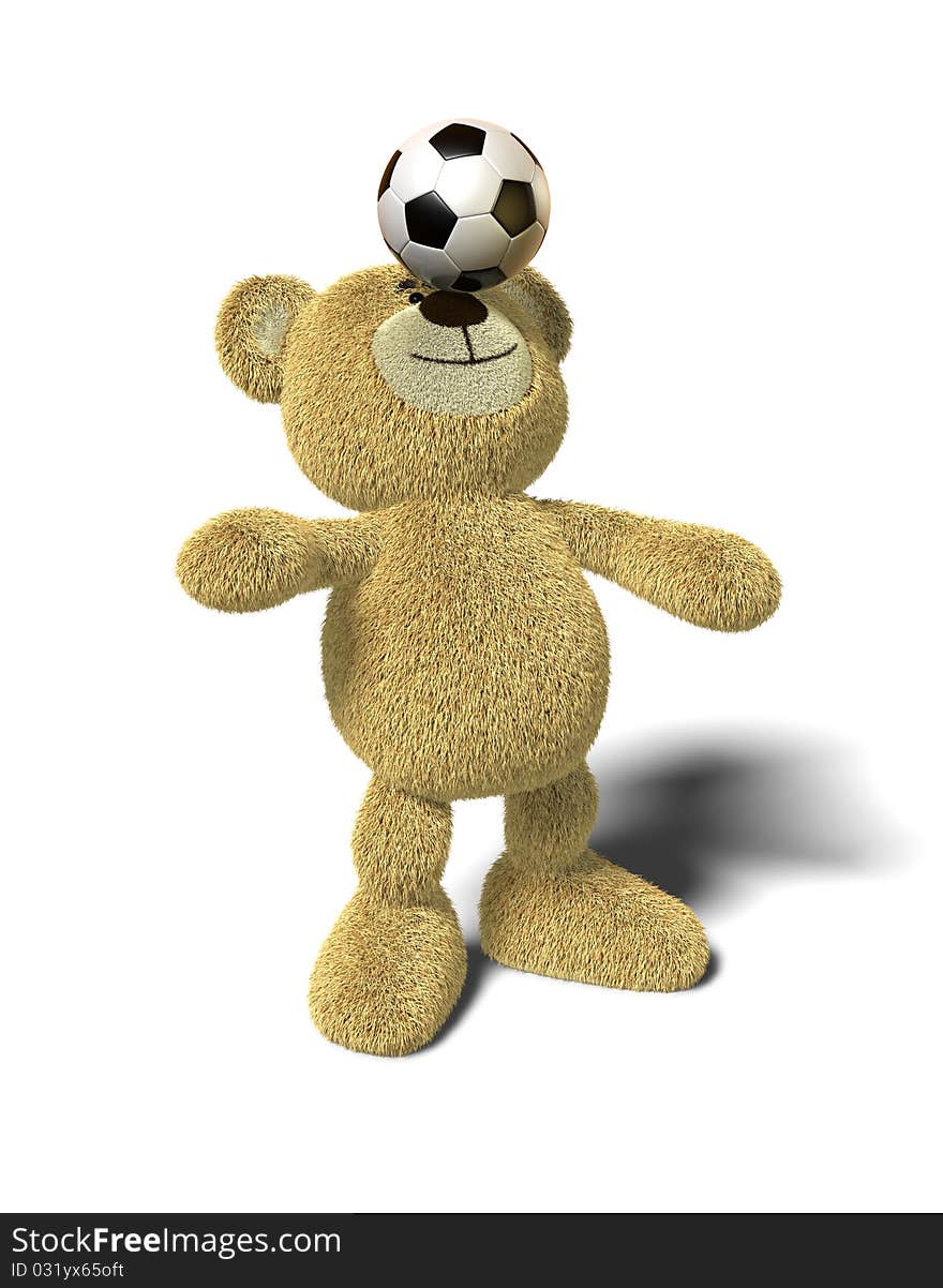 Teddy Bear stands with both feet on the ground, leans back and tries to balance a soccer ball on his nose. Viewed from front. This image is isolated on a white background with soft shadows. Teddy Bear stands with both feet on the ground, leans back and tries to balance a soccer ball on his nose. Viewed from front. This image is isolated on a white background with soft shadows.