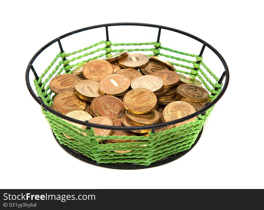 Basket with golden money. ten roubles. Basket with golden money. ten roubles