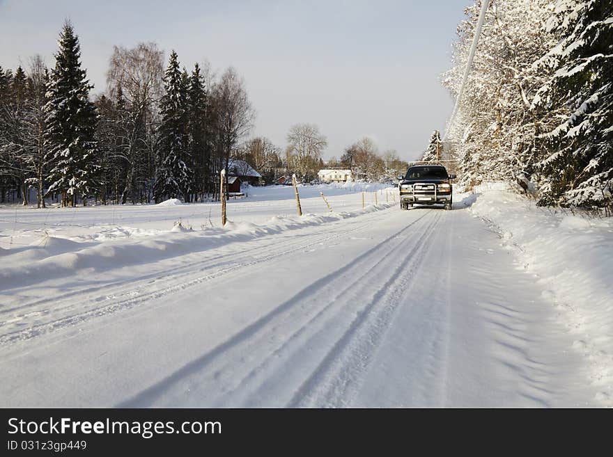 Suv, car, driving in snowy country