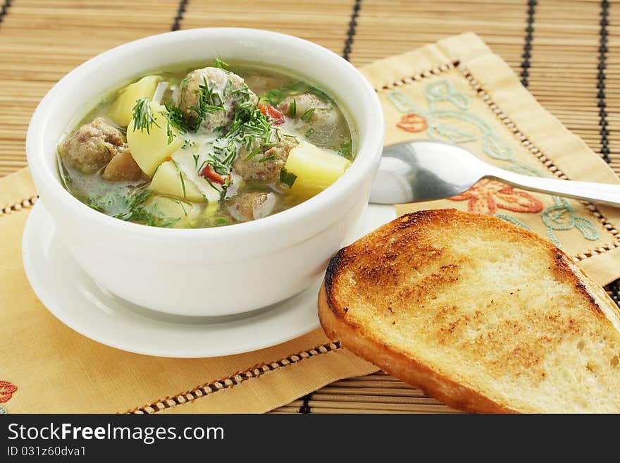 Goulash from the beef and the vegetables with the  toast