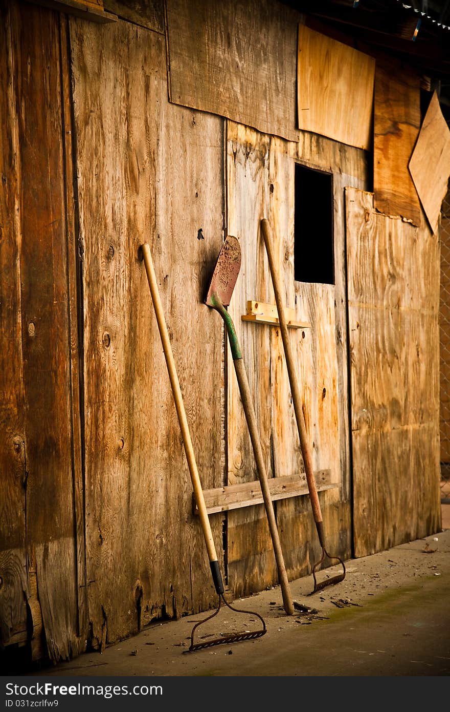 Wooden wall with garden tools