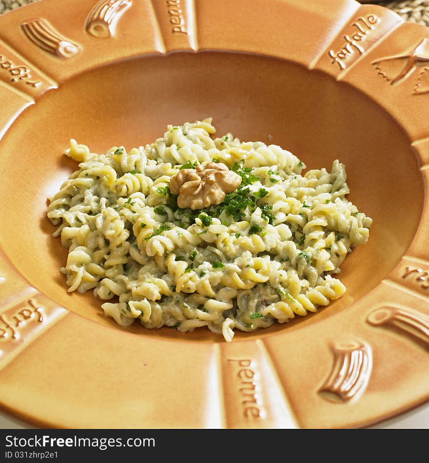 Fusilli with sauce from blue cheese and walnuts. Fusilli with sauce from blue cheese and walnuts