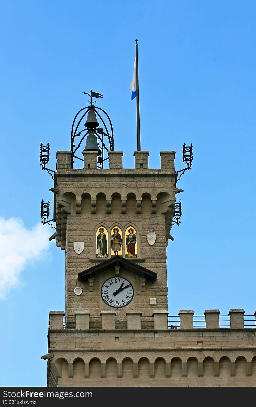 Tower of the government building of San Marino against blue sky