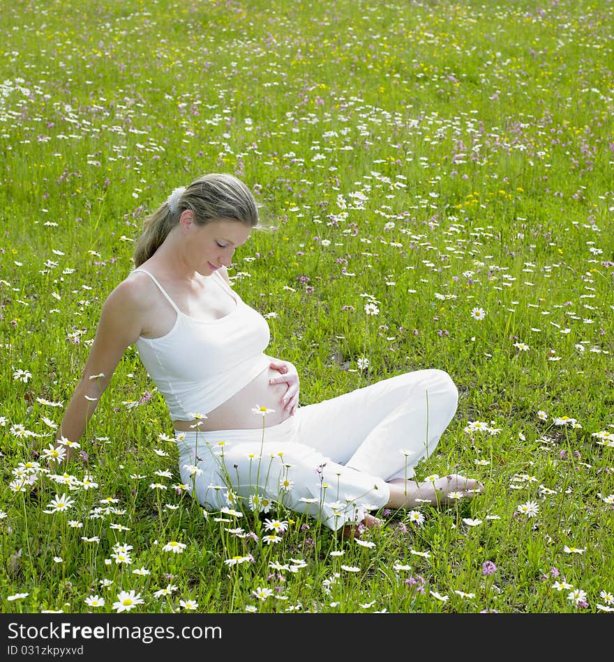 Pregnant woman sitting on meadow