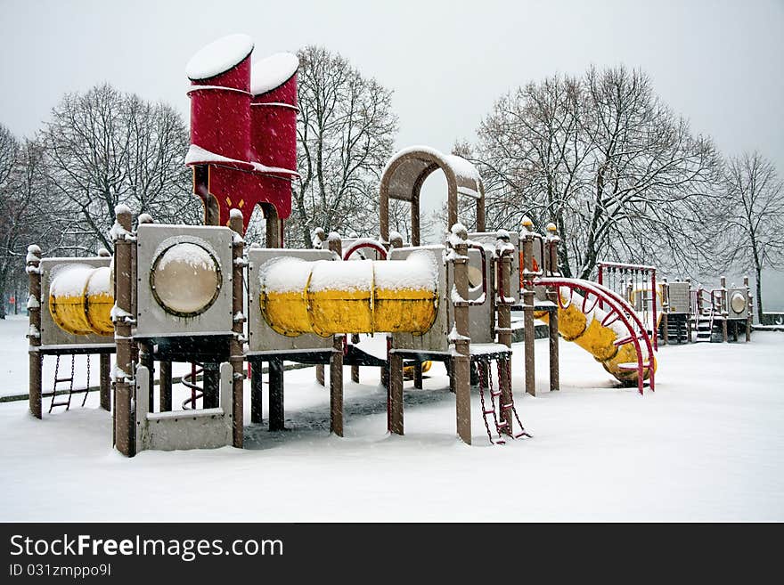 Children's Playground in the snow. Situated in Vancouver, BC, Canada