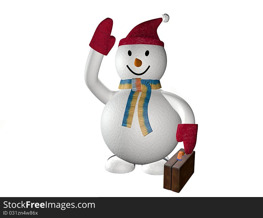 3d smiling snow man in a cap and mittens, on a white background