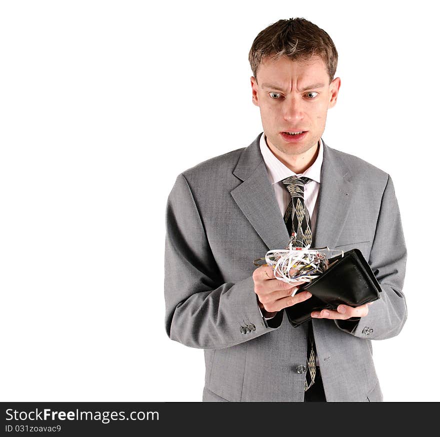 Businessman with shredded cash in wallet