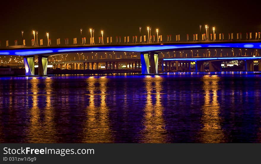 Bridge with blue and yellow illumination. Bridge with blue and yellow illumination