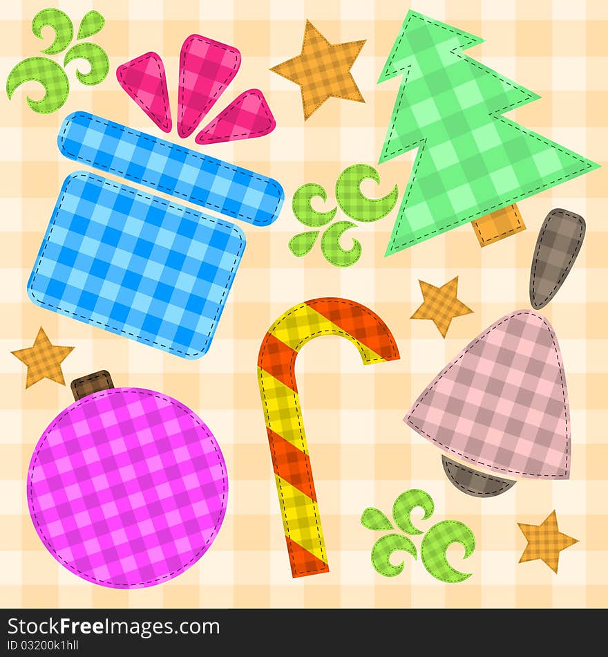 Christmas background fabric with different objects. Christmas background fabric with different objects