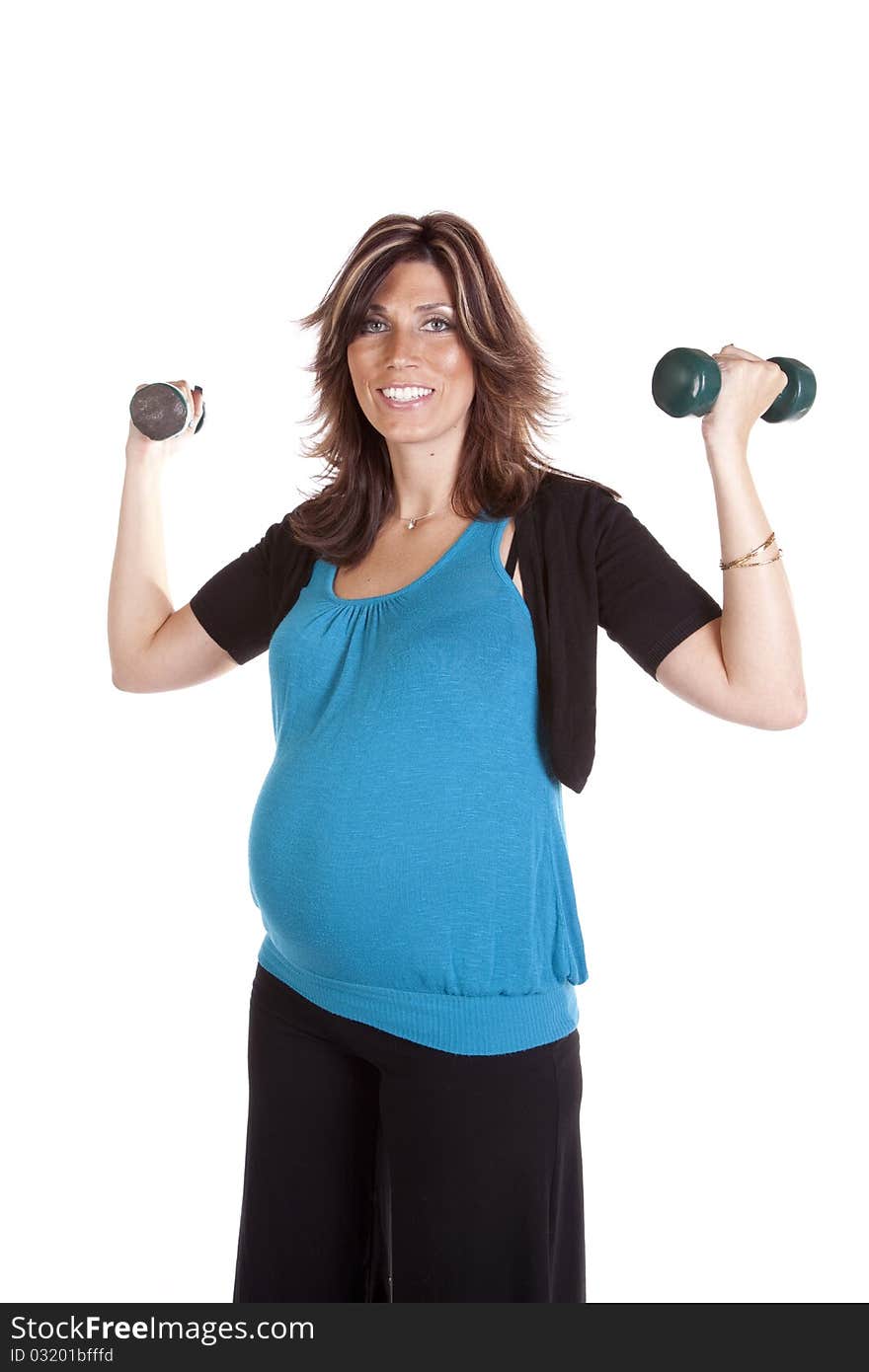 Pregnant blue shrit weights up