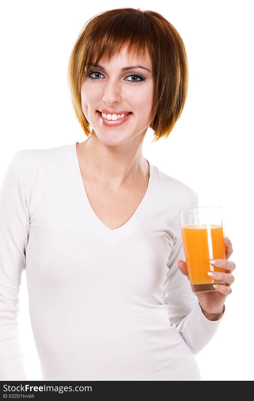 Lovely young woman with a glass of fresh juice against white background. Lovely young woman with a glass of fresh juice against white background