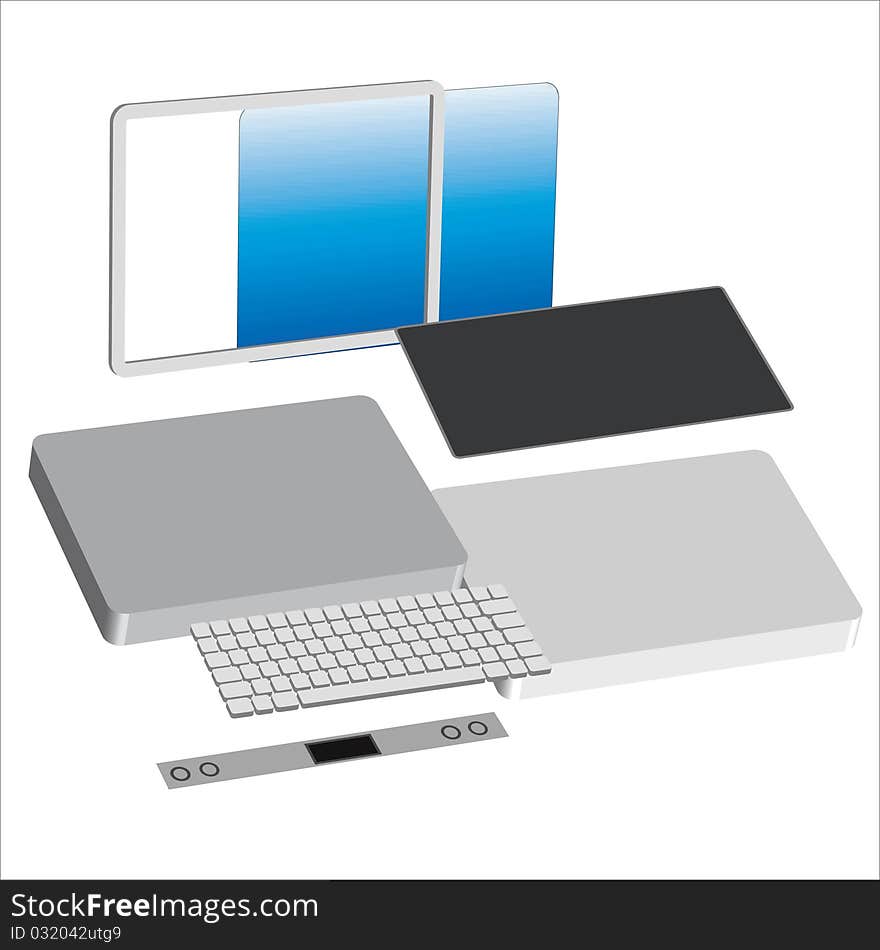 The disassembled computer on a white background