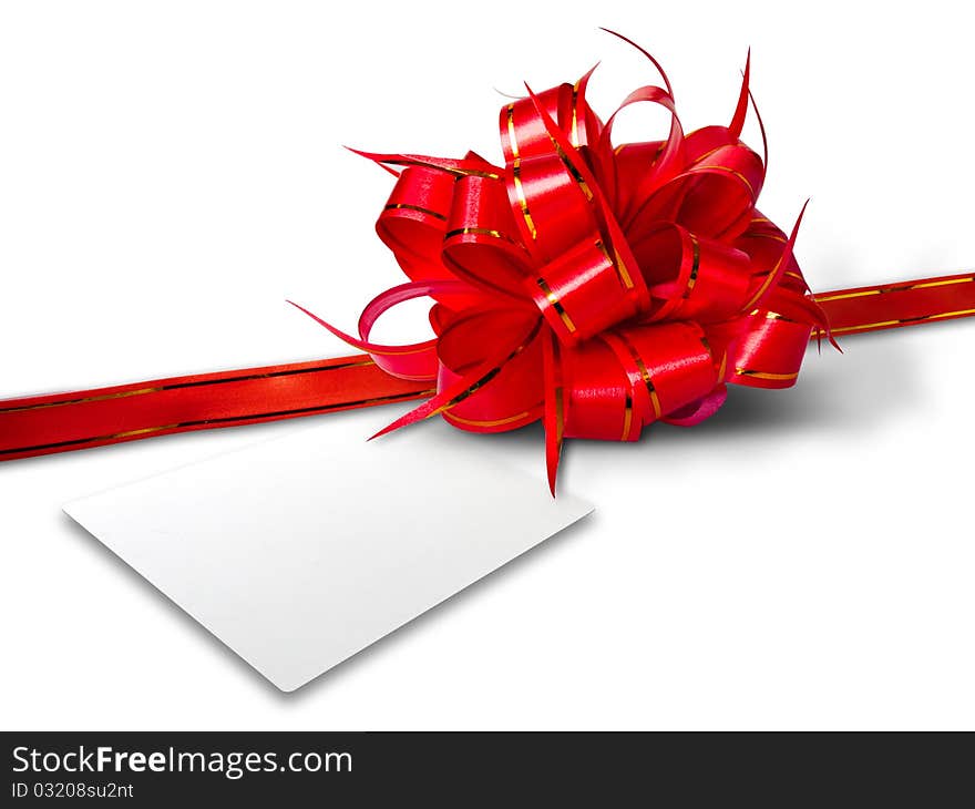 Red Bow and White card for gift on white background