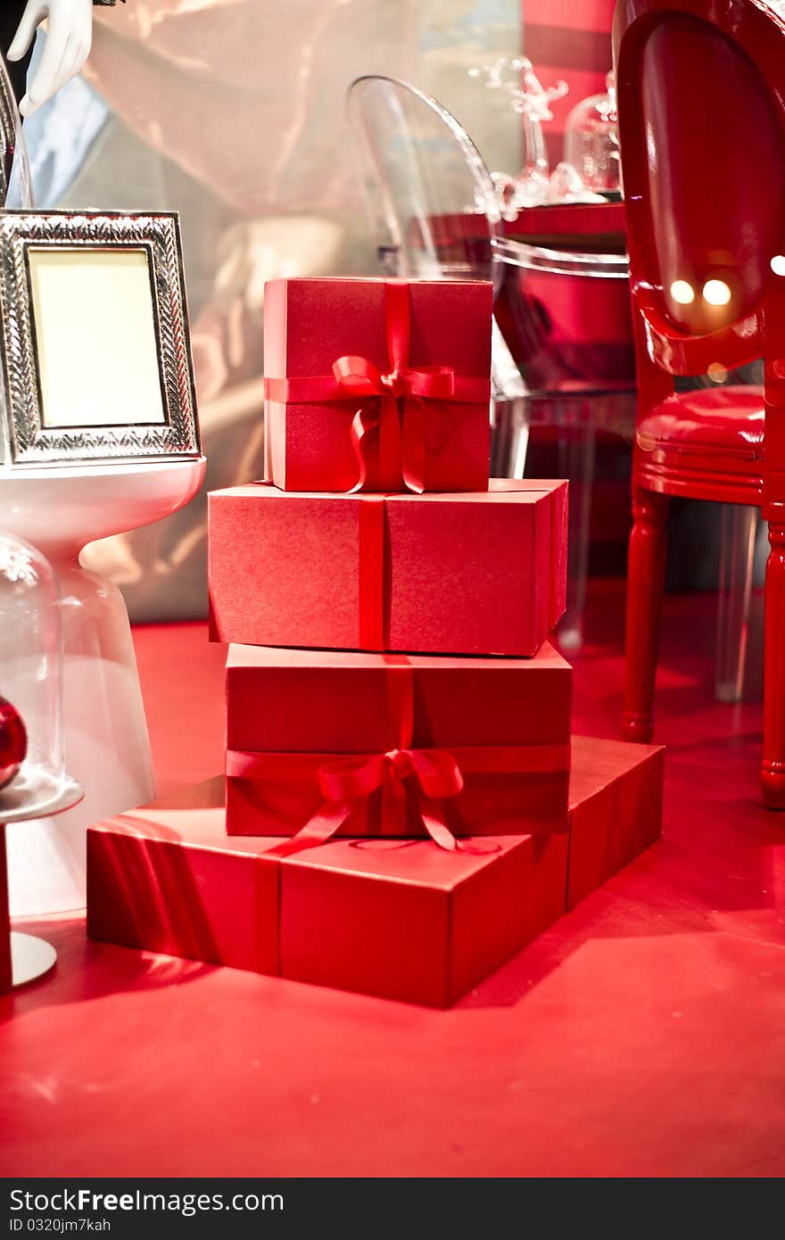 Set of gifts in red boxes