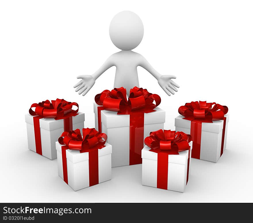 Computer generated image of a man showing several gift boxes. Computer generated image of a man showing several gift boxes