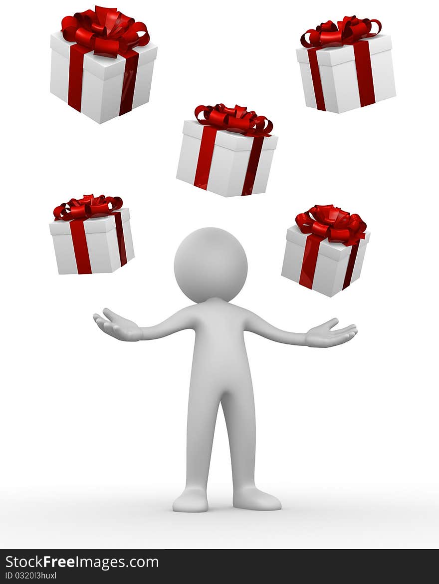 Computer generated image of a man receiving several gift boxes. Computer generated image of a man receiving several gift boxes