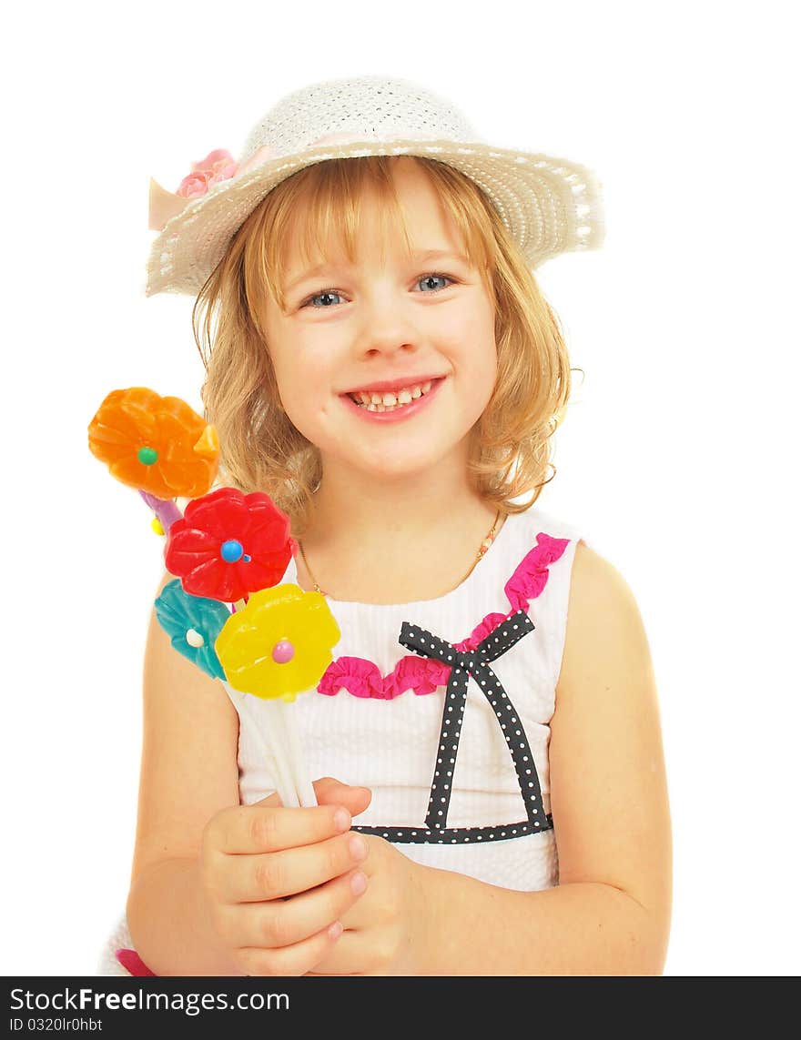 Portrait of little girl with lollipops isolated on the white background. Portrait of little girl with lollipops isolated on the white background.