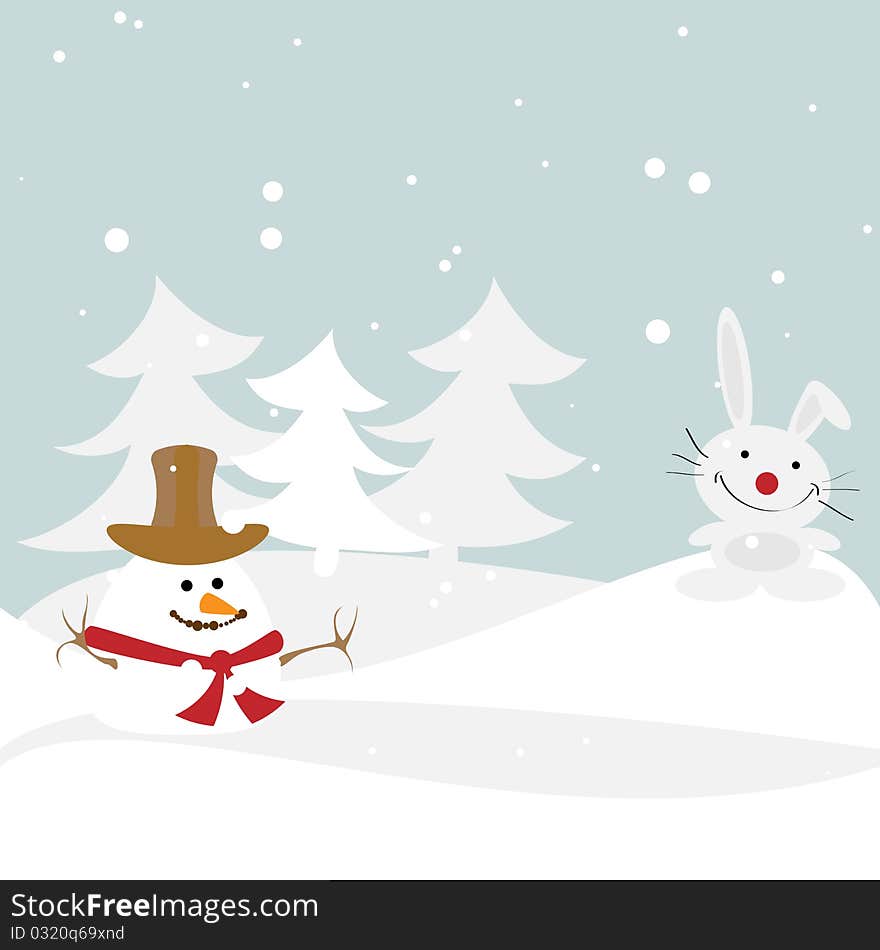 Winter illustration with the snowman and a rabbit. Vector.