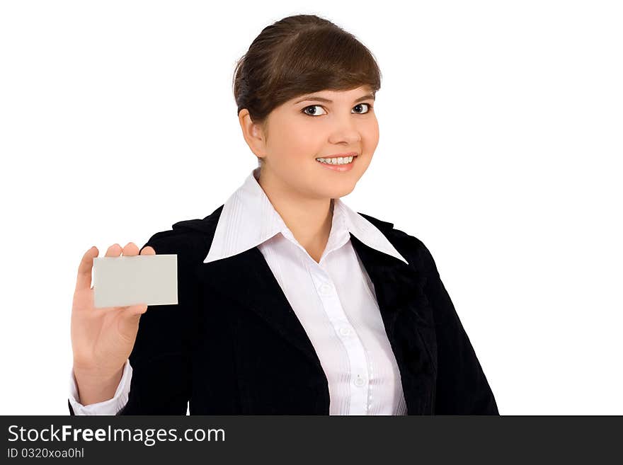 Business card woman. Businesswoman in her 20s showing blank business card sign isolated on white background. Business card woman. Businesswoman in her 20s showing blank business card sign isolated on white background.