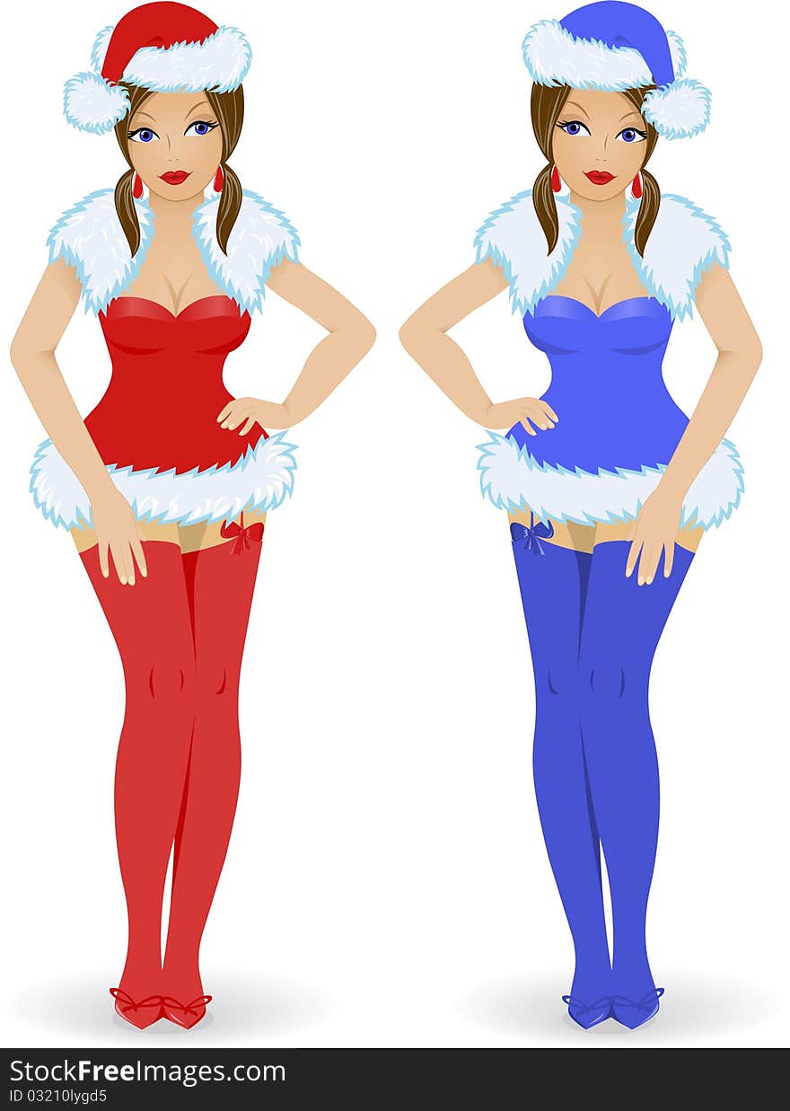 Two Snow Maiden in red and blue dresses with a white background