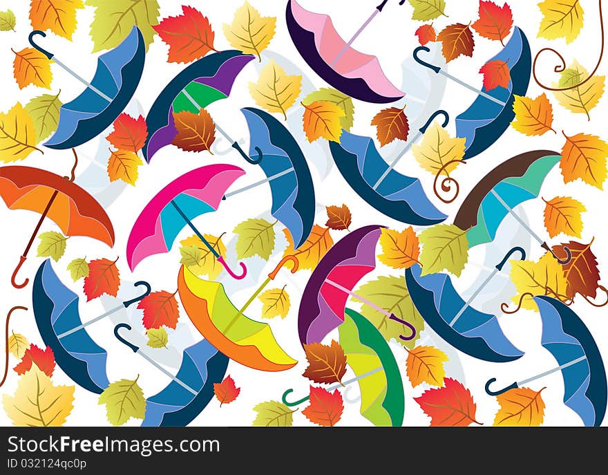 Abstract autumn background with umbrellas and leaves