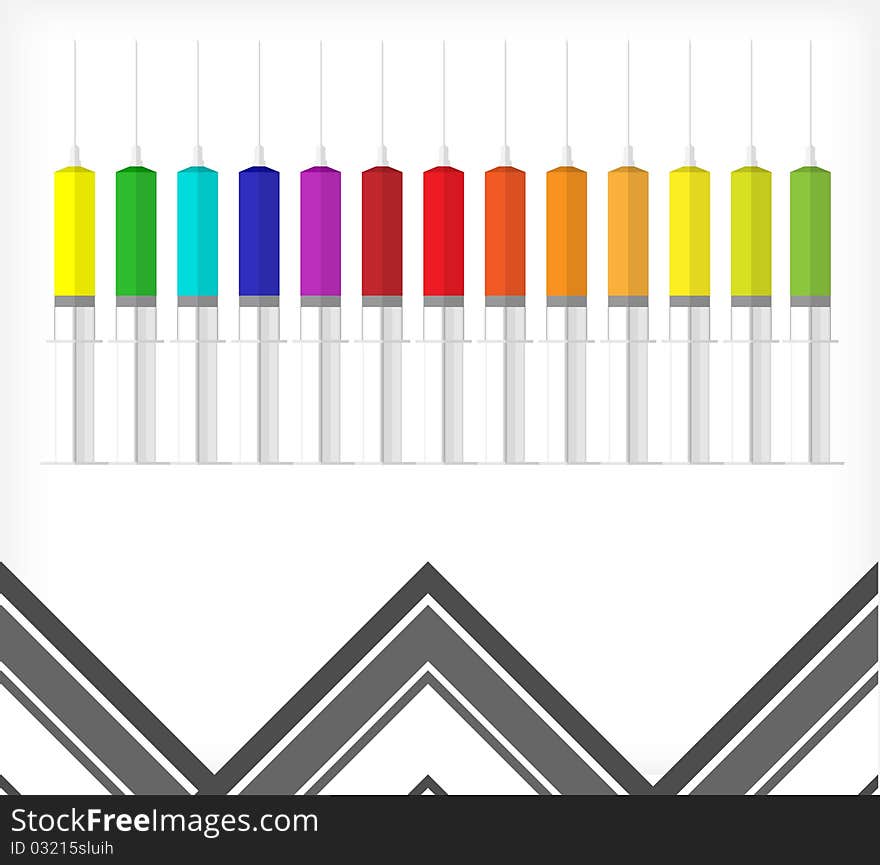 Background of colored syringes and black triangles. Illustration. Background of colored syringes and black triangles. Illustration