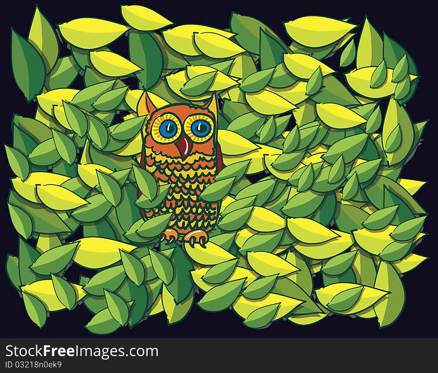 Owl in tree cartoon, abstract vector art illustration