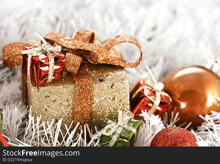 Christmas golden box with decoration balls