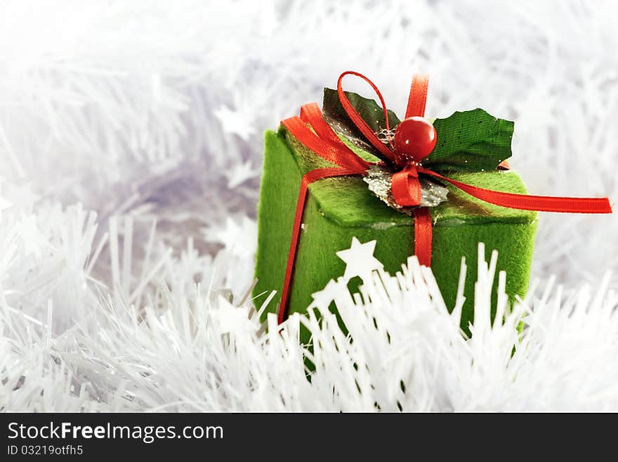 Christmas decoration box arrangement on white background. Christmas decoration box arrangement on white background