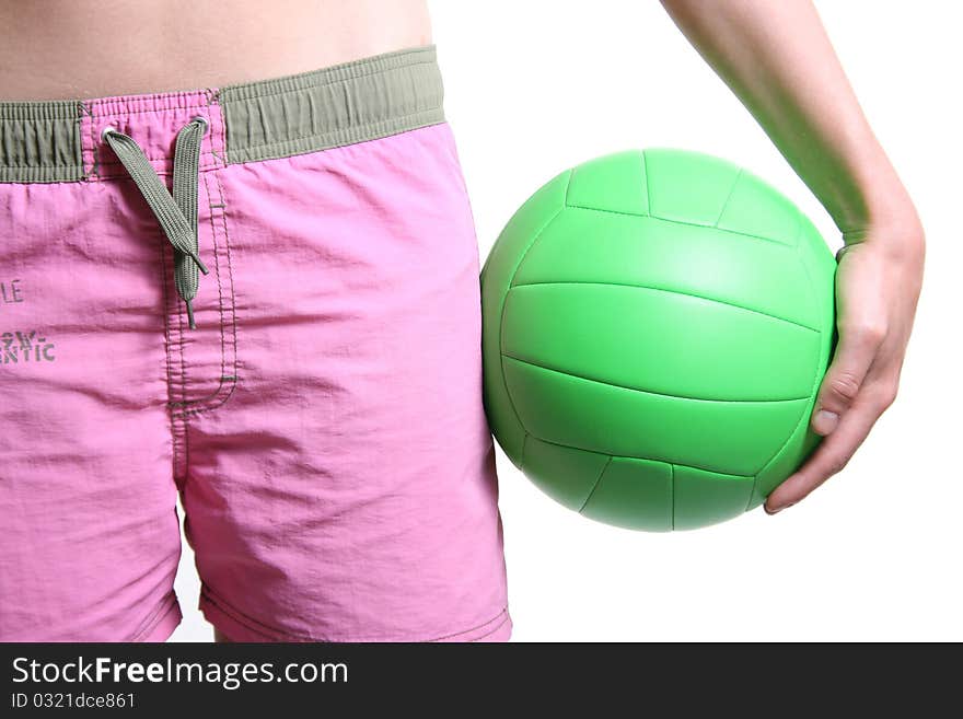 Hand hold green volley ball isolated on white background. Hand hold green volley ball isolated on white background